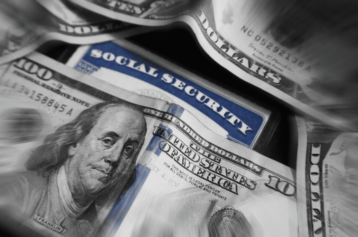 Social Security card and dollar bills with a zoom burst effect
